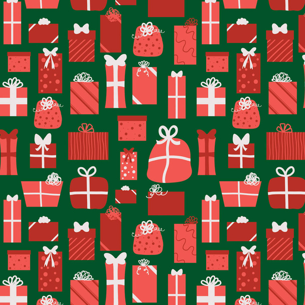 Подарки под деревом. Красный подарок обернутые рождественские подарки шаблон с зеленым фоном. - Вектор,изображение