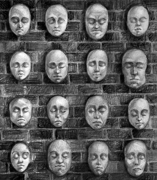 A parede com rostos. Ilustração gráfica desenhada à mão da parede de tijolo com máscaras dispostas em fileiras. Existem diferentes rostos, masculino e feminino, velho e jovem, semelhantes às máscaras de gesso post-mortem. - Foto, Imagem