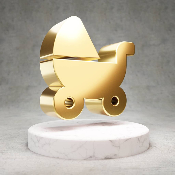 Babakocsi ikon. Arany fényes Baby Carriage szimbólum fehér márvány dobogón. Modern ikon honlap, közösségi média, prezentáció, design sablon elem. 3D renderelés. - Fotó, kép