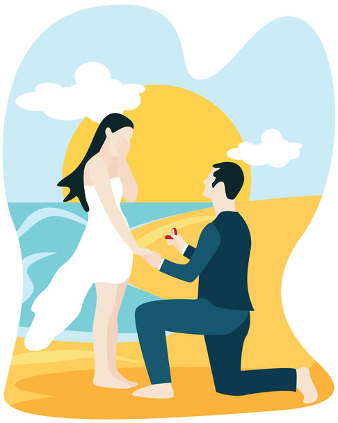 Vuoi sposarmi concetto, uomo asiatico in ginocchio chiedendo alla sua ragazza di sposarsi sulla spiaggia. - Vettoriali, immagini