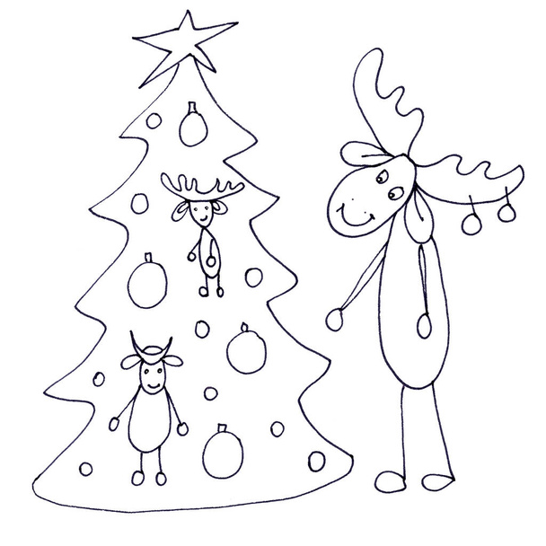 Elk and Christmas tree with decorations, graphic drawing on white background. High quality illustration - Photo, Image