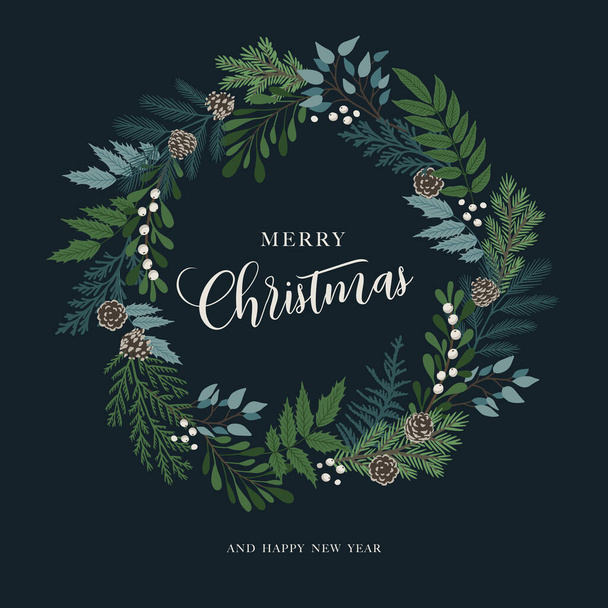 Christmas wreath with holly berries, mistletoe, pine and fir branches, cones, rowan berries. Xmas and happy new year postcard. Vector illustration - Vector, Image