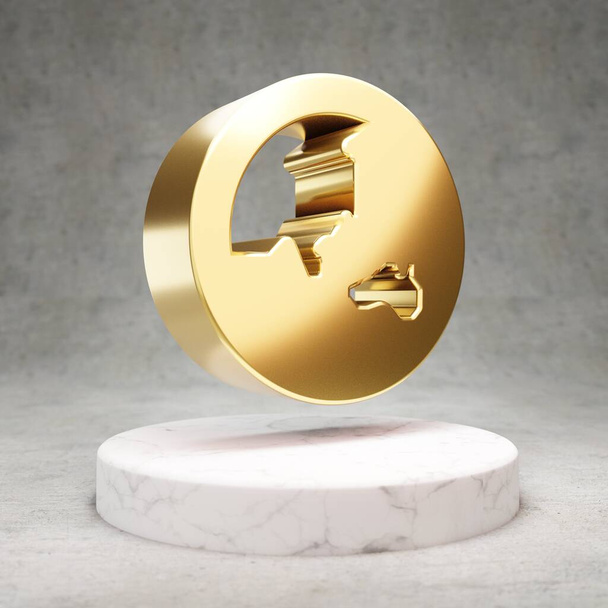 Икона "Глобус Азия". Золотой глянцевый символ Globe Asia на подиуме из белого мрамора. Современная иконка для веб-сайта, социальных сетей, презентации, дизайна. 3D рендеринг. - Фото, изображение