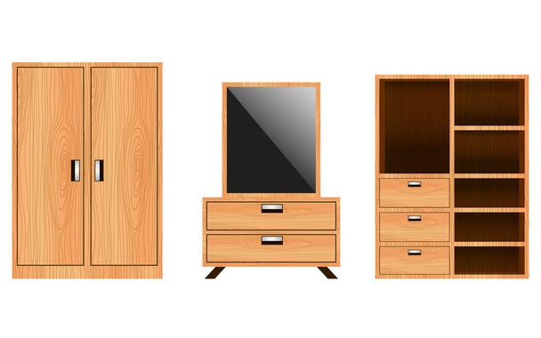ξύλινη ντουλάπα και ξύλινη βιτρίνα στο λευκό δωμάτιο - Διάνυσμα, εικόνα