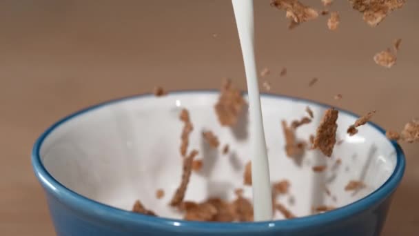MACRO γάλα και granola χύνεται σε ένα μπολ και συνδυάζονται για υγιεινό πρωινό - Πλάνα, βίντεο