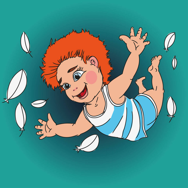 Enfant aux cheveux roux s'envole dans l'air avec des plumes sur un fond vert. - Vecteur, image