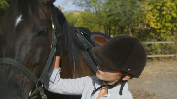 Kobieta jeźdźca w ubraniu jeździeckim i kasku głaskając konia i patrząc w kamerę - Materiał filmowy, wideo