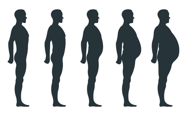 Black view silhouette del corpo laterale, grasso peso in più anatomia maschile personaggio umano, persone fittizio isolato su bianco, illustrazione vettoriale piatta. Manichino persone concetto scala, stile di vita malsano. - Vettoriali, immagini