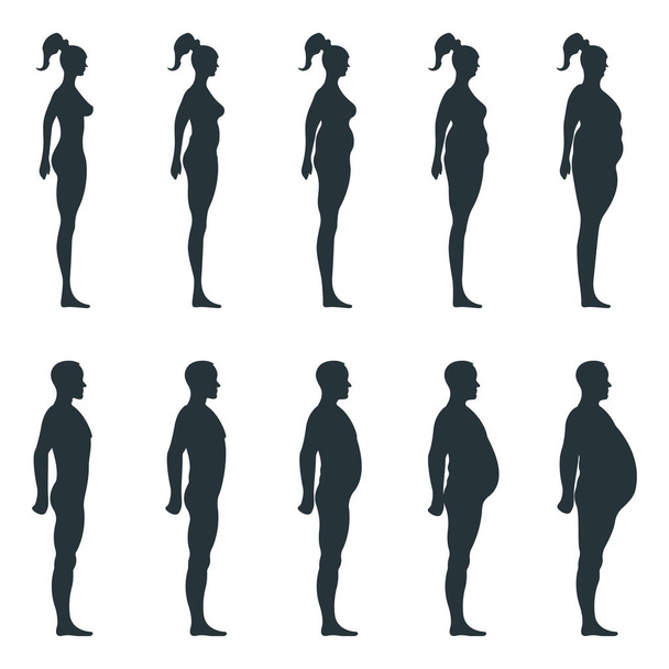 黒のビュー側の体のシルエットは、脂肪の余分な体重の女性は、男性の解剖学的な人間の文字は、人々のダミー白、平らなベクトル図に孤立した。マネキンの人々は概念を拡大し、不健康な生活様式. - ベクター画像