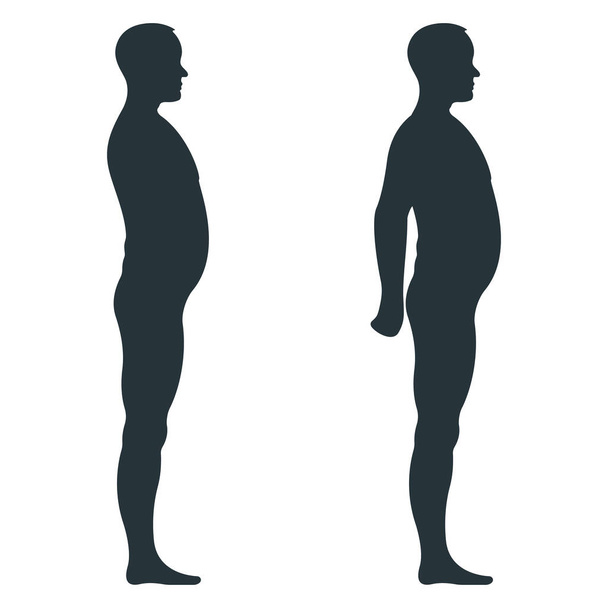 Musta näkymä puolella kehon siluetti, rasvaa ylimääräistä painoa mies anatomia ihmisen luonne, ihmiset nuken eristetty valkoinen, tasainen vektori kuva. Mallinukke ihmiset mittakaavassa käsite, epäterveellinen elämäntapa. - Vektori, kuva