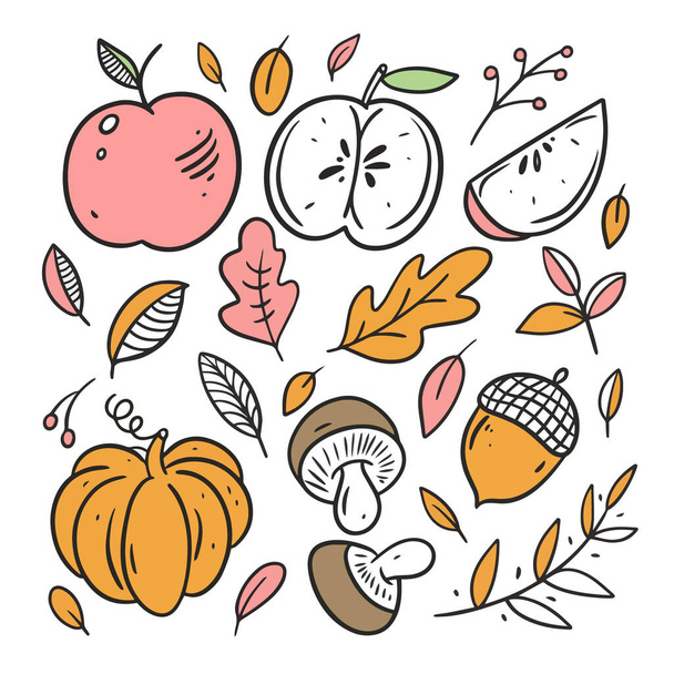 Autumn food elements set. Line art colorful style. - Vettoriali, immagini