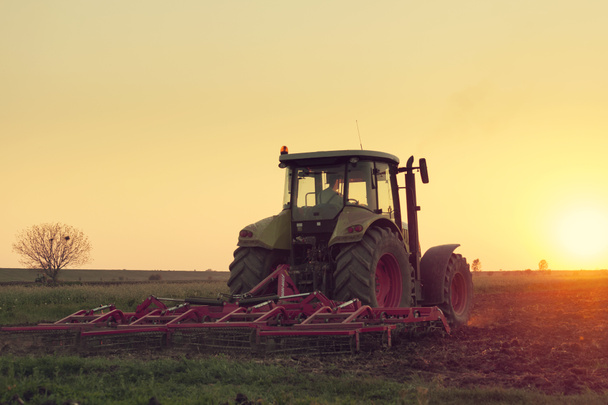 Трактор на закате занимается сельским хозяйством
 - Фото, изображение