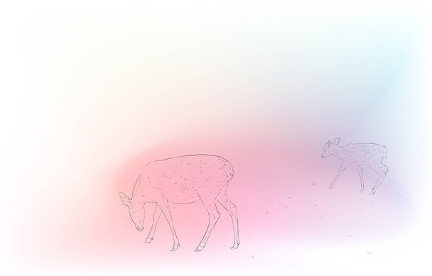 Реалістичні ілюстрації тварин: райдужний фон: пейзаж з батьками оленів
 - Вектор, зображення