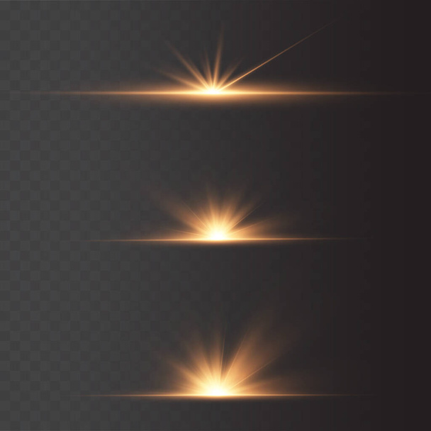 Shining golden stars isolated on black background. Effects, glare, lines, glitter, explosion, golden light. Vector illustration.Set.  - Vector, Image