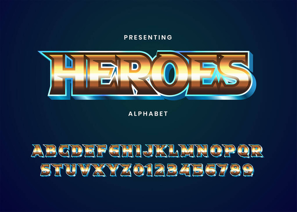 Modèle d'effet de texte de titre de film de super héros. alphabet de police Metallic mystique - Vecteur, image