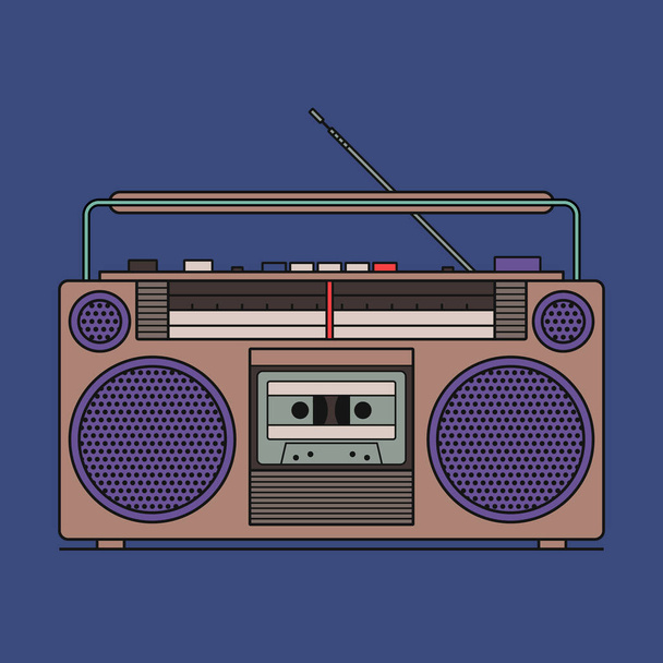 Ilustración vectorial de grabadora de cassette retro aislada sobre fondo azul. Icono del esquema. - Vector, imagen