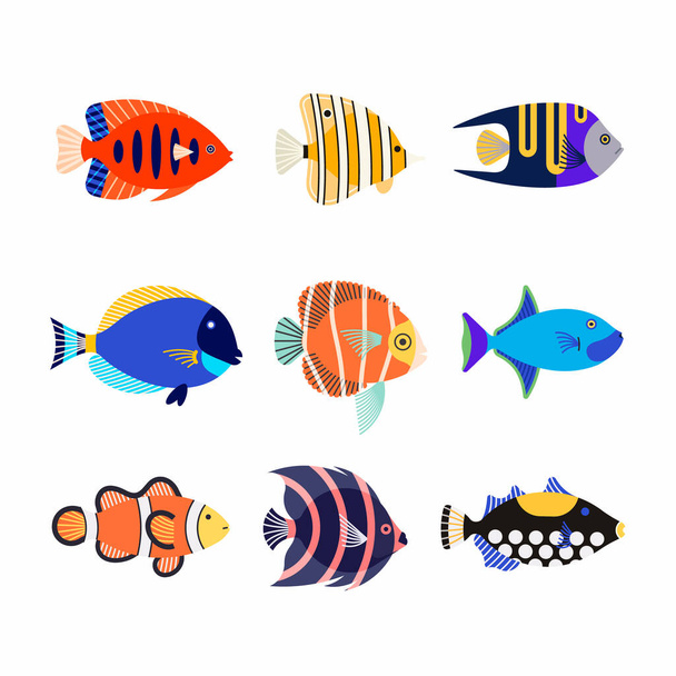 Vector Illustration Symbol Set von niedlichen Cartoon bunte verschiedene Aquarienfische. Unterwasserleben. Meereswelt. Flache Symbole. - Vektor, Bild