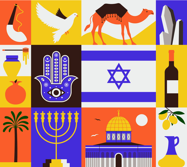 Εικονογράφηση διάνυσμα σύνολο εικονίδιο του Ισραήλ. Κέρας, λευκό περιστέρι, καμήλα, θαλασσινό αλάτι, μέλι, ρόδι, σημαία, μπουκάλι κρασί, φοινικόδεντρο, μενόρα, Θόλος Βράχου, ελαιόλαδο. - Διάνυσμα, εικόνα