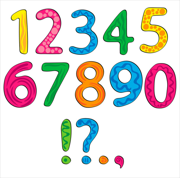 Έγχρωμοι αριθμοί και σημάδια στίξης. Γραμματοσειρά παιδιών - Διάνυσμα, εικόνα