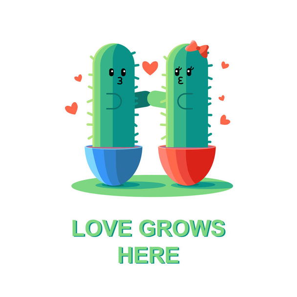 L'amore cresce qui. Illustrazione vettoriale dei cactus innamorati. carino cactus cartone animato. - Vettoriali, immagini