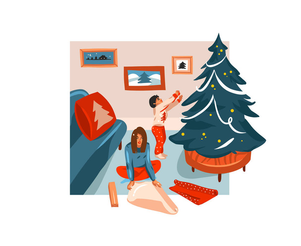 Hand drawn vector abstract fun stock flat Merry Christmas,and Happy New Year cartoon festive card with cute illustrations of Xmas family unpack gifts at home together isolated on white background - Vector, Image