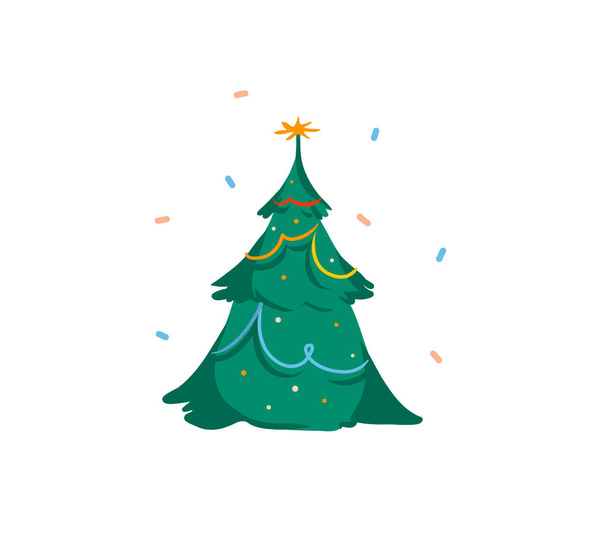 Dibujado a mano vector abstracto divertido stock plana Feliz Navidad, y Feliz Año Nuevo tarjeta festiva de dibujos animados con ilustraciones lindas de gran árbol de Navidad decorado interior aislado sobre fondo blanco - Vector, imagen