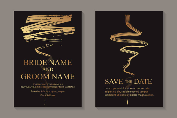 Set van moderne grunge luxe bruiloft uitnodiging ontwerp of kaart sjablonen voor het bedrijfsleven of poster of begroeting met gouden verf borstel slagen op een zwarte achtergrond. - Vector, afbeelding