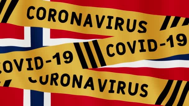 Animált koncepció óvatosság karantén. figyelmeztető szalag a norvég zászló felett. Covid-19 víruskazetta. Elszigeteltség figyelem animált mozgás grafika koncepció videó. Corona-vírus pandémiás információk. - Felvétel, videó