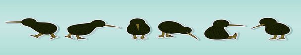 conjunto de lindo pájaro kiwi. plantilla de diseño icono de dibujos animados con varios modelos. ilustración vectorial moderna aislada sobre fondo azul - Vector, imagen