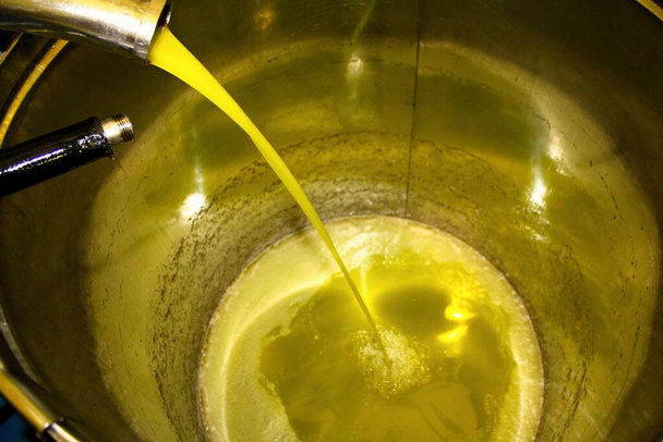 Ekstra-neitsytoliiviöljyn uuttamisprosessi Ateenan laitamilla Kreikassa sijaitsevassa oliiviöljytehtaassa. - Valokuva, kuva