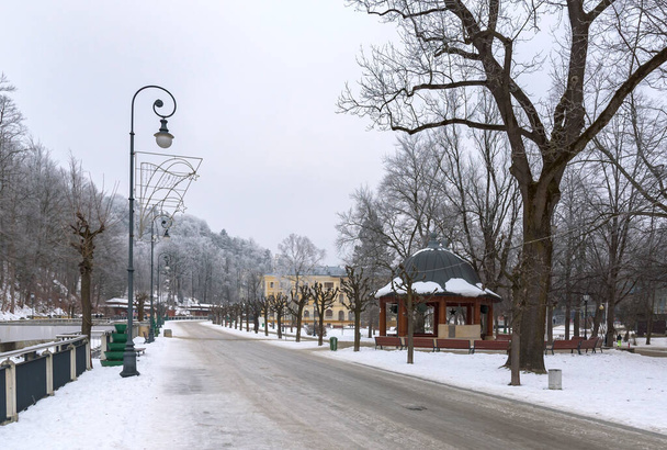 Centre-ville de Krynica Zdroj par temps couvert en hiver - Photo, image