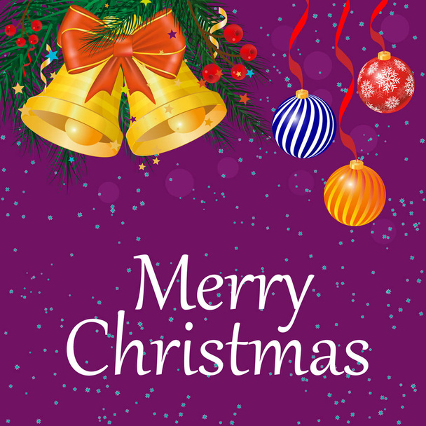 Merry Christmas background, postcard with. Christmas trees, balls, bells. Vector - Vettoriali, immagini