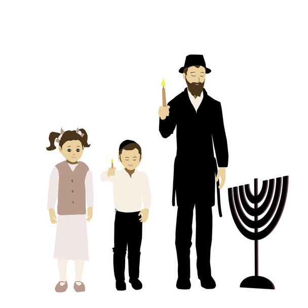 Familie verlichting Chanoeka kaarsen, Vlakke vector tekening.Een Vader chassid, religieus, orthodox. Een jongen met een skullcap en een kwastje en een meisje met een bescheiden rok staan bij een menorah en houden kaarsen vast - Vector, afbeelding