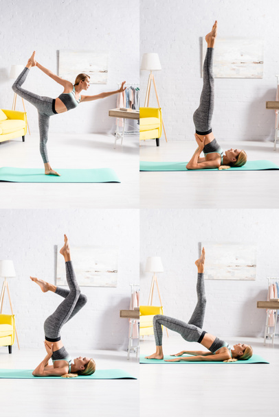Collage of blonde sportswoman practicing yoga on fitness mat  - Фото, изображение
