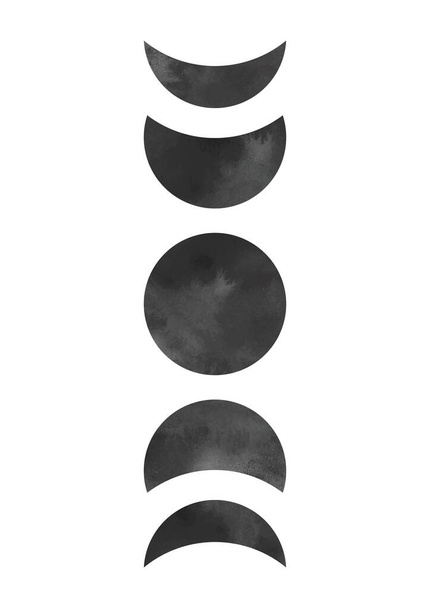 Phases de lune affiche d'art. Impression lunaire aquarelle. Illustration espace nature. - Vecteur, image