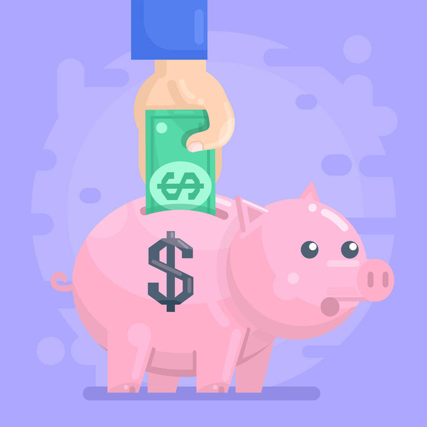 Hand puts money into piggy bank, savings or pension. Modern style vector illustration - Vector, Image