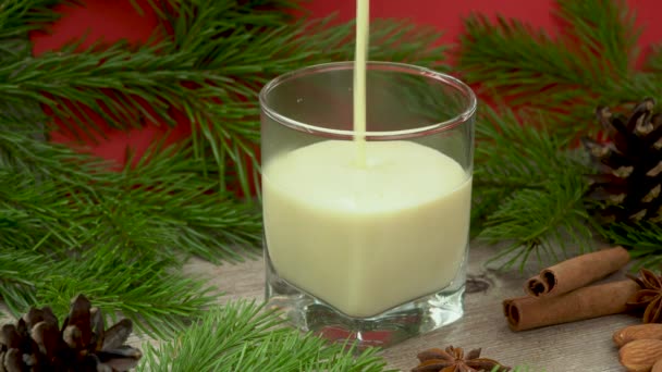 eggnog Χριστουγεννιάτικο κοκτέιλ με τριμμένο μοσχοκάρυδο και κανέλα. Παραδοσιακό εορταστικό ποτό. ζεστό κοκτέιλ με βάση το γάλα, την κρέμα γάλακτος, τα αυγά και τα μπαχαρικά, με την προσθήκη αλκοόλης.  - Πλάνα, βίντεο