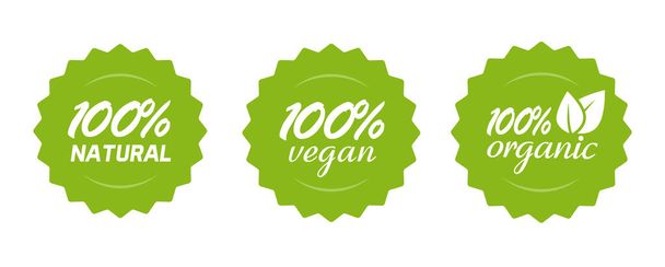 Organic natural and vegan food or nutrition icon label vector, 100 percent healthy meal, modern green badge for product sticker with leaves isolated tags collection - Vektör, Görsel