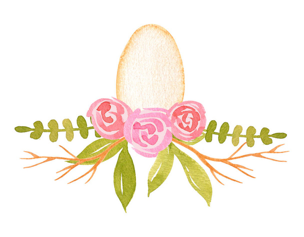 Watercolor beige Easter egg with floral bouquets. Hand drawn spring illustration for greeting card, invitations, posters, stickers and other. - Foto, Imagem