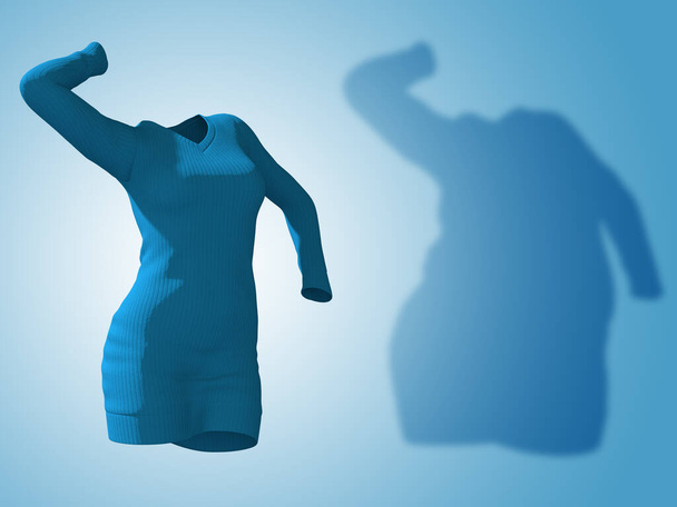 Concettuale grasso sovrappeso obeso ombra vestito maglione femminile vs corpo sano in forma sottile dopo la perdita di peso o dieta sottile giovane donna sul blu. Una forma di salute fitness, nutrizione o obesità illustrazione 3D - Foto, immagini