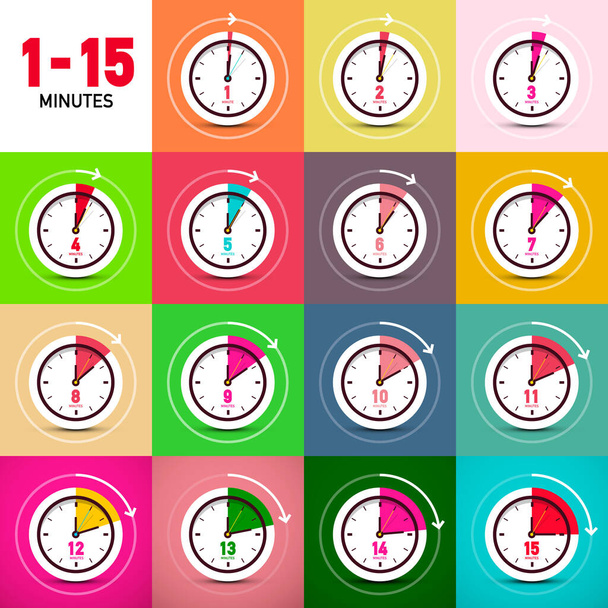 Um a quinze minutos ícones do relógio vetorial - Vetor, Imagem
