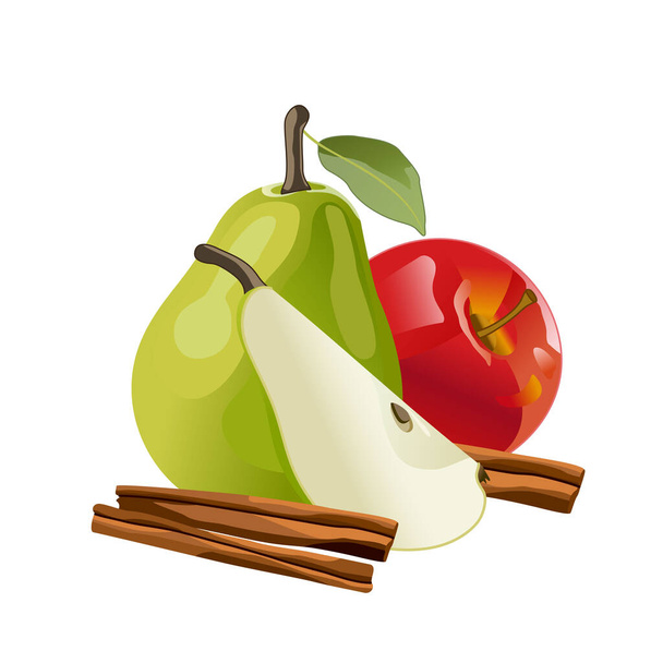 Зеленая груша красное яблоко корицы палочки на белом фоне в качестве элемента дизайна упаковки. Кусочки фруктов. Векторное изображение. - Вектор,изображение