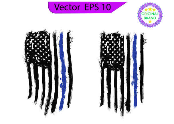 Bandera de línea azul delgada. Bandera con la línea azul de la policía - Bandera estadounidense angustiada. eps 10, - Vector, imagen