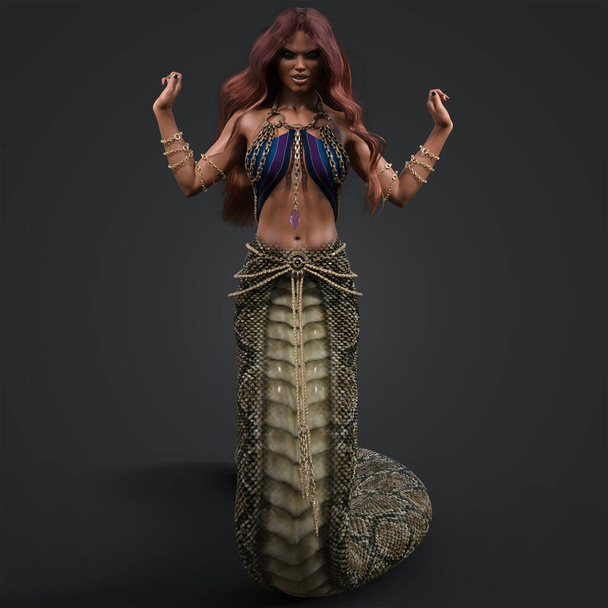 3D рендеринг Иллюстрация красивой женщины загара с зелеными весами и змеиным хвостом и длинными каштановыми волосами в фиолетовой фантазии Одежда и золотые цепи, изолированные на темном фоне - Фото, изображение