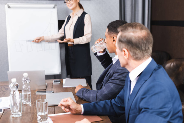 Multicultural businesspeople sitting at workplace with blurred businesswoman standing near flipchart on background - Foto, Bild
