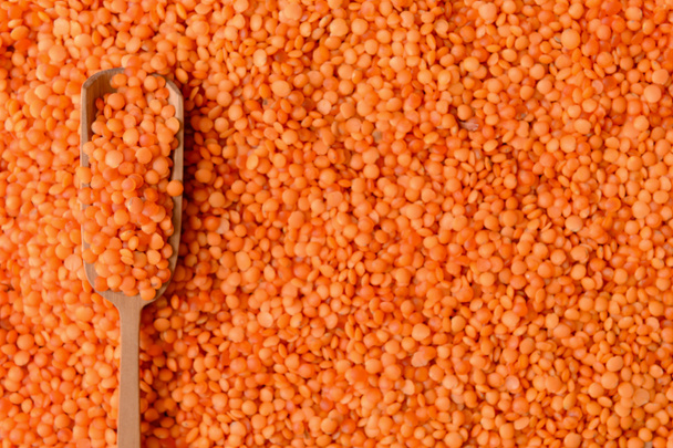 Wooden scoop on red lentils - Photo, Image