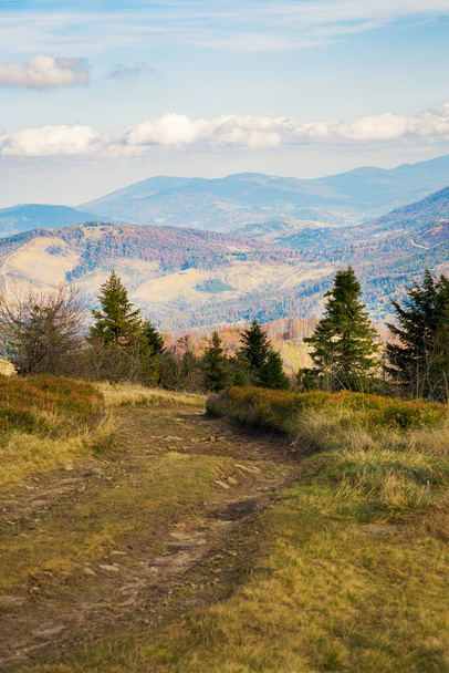 Őszi tájkép erdő lengyel Beskidy hegyek, az úton WIelka Racza. - Fotó, kép