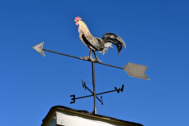 Una paleta de viento en la parte superior de una azotea muestra un gallo delineado contra un cielo azul claro - Foto, imagen