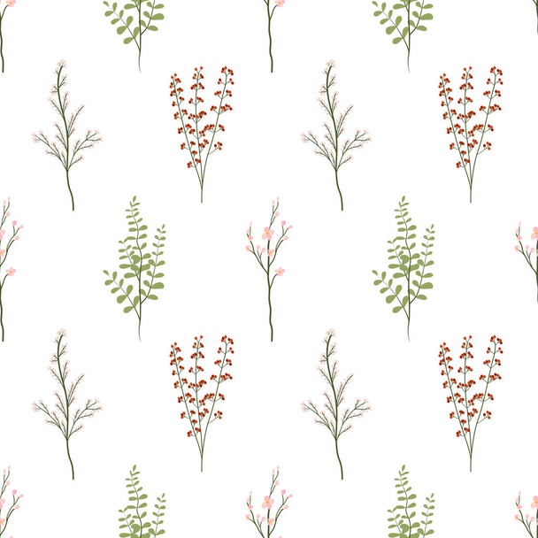Blumiges, nahtloses Muster mit Zweig grüner Blätter, Kirschblüte, rotem Beerenzweig. - Vektor, Bild