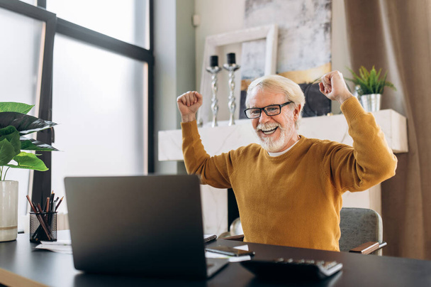 Happy gray-haired in eyeglasses senior man threw up his hands up because of good news or deal while sitting at desk using a laptop at home office - Foto, Bild